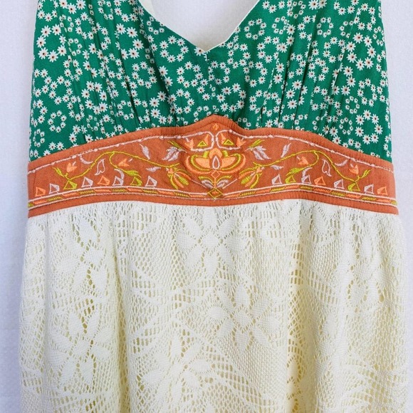 Embroidered Floral Lace Dress Womens Small Ivory Green Mini Cottage Boho Smocked - Picture 5 of 7
